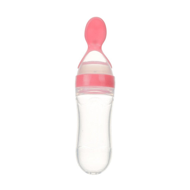 Baby Silicone Feeding Bottle Spoon Baby Food Supplement Feeder with Scale  for Infant 4 Months up Dispensing and Squeeze Feeders,Anti-leakage  (Pink,3oz) 